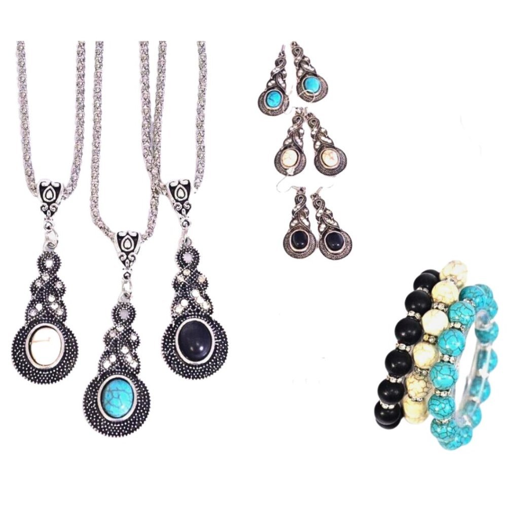 3 Sets of Silver Earrings Bracelet & Necklace Set Natural Stone & Crystals - Picture 4 of 7